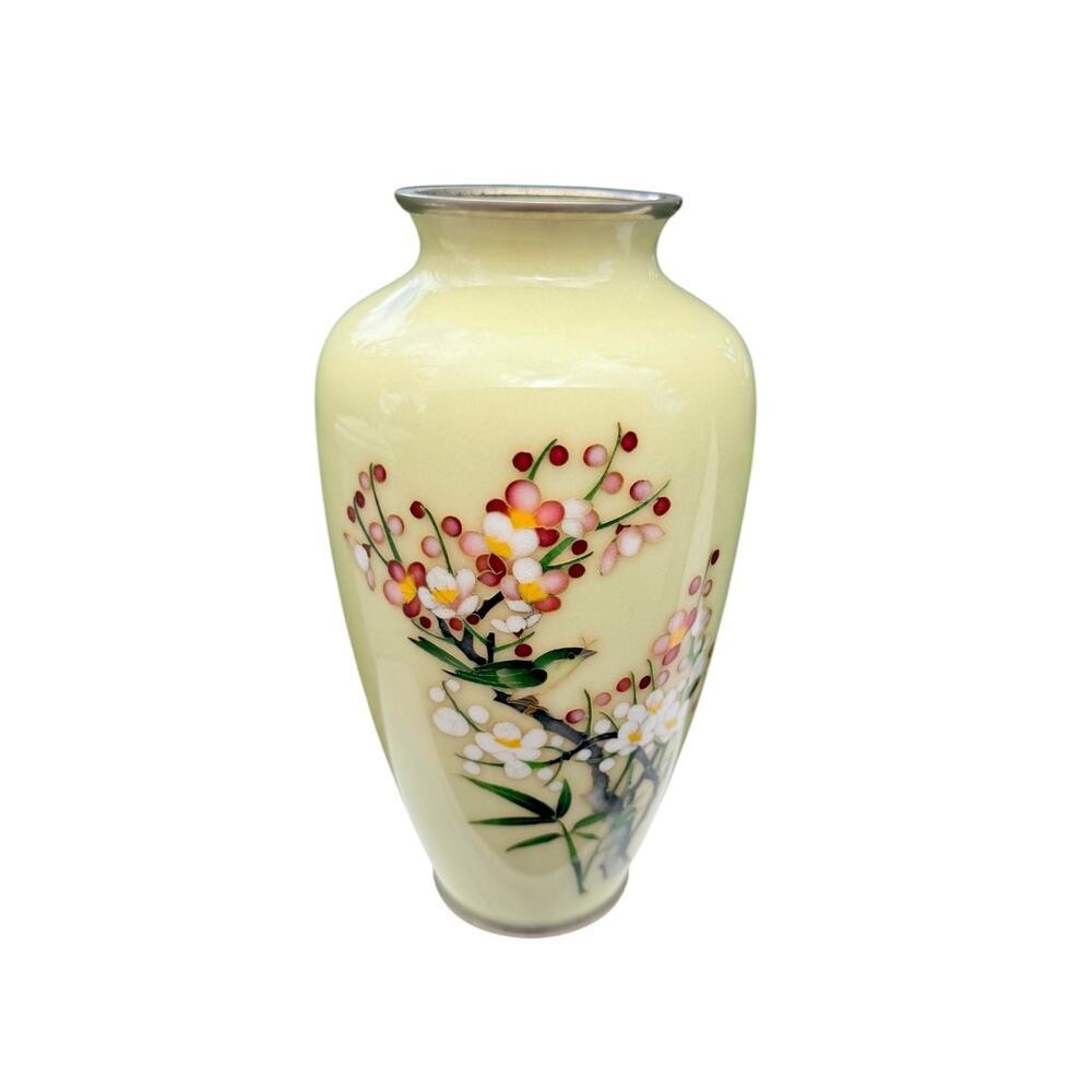 Vintage Gump's Japan Floral Cloisonne Style Celadon Vase Silver Rim 7.5" MCM